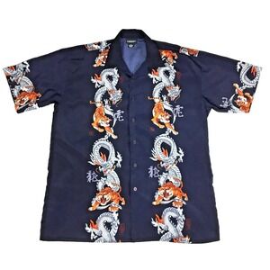 Canopy Mens XL Navy Blue Dragon‎ Tiger Graphic Button Up Short Sleeve Camp Shirt